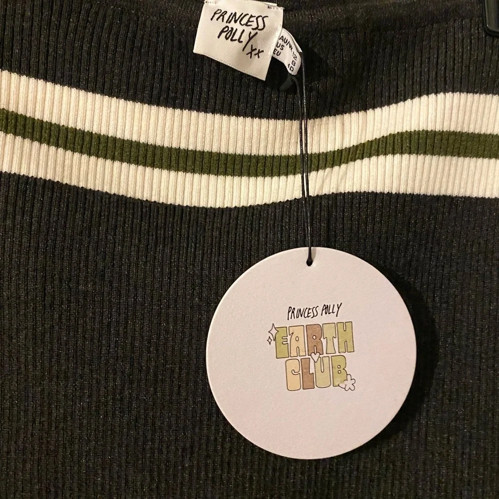 Princess Polly Black Ribbed Strapless Crop Top with White & Olive Stripes - Picture 3 of 5